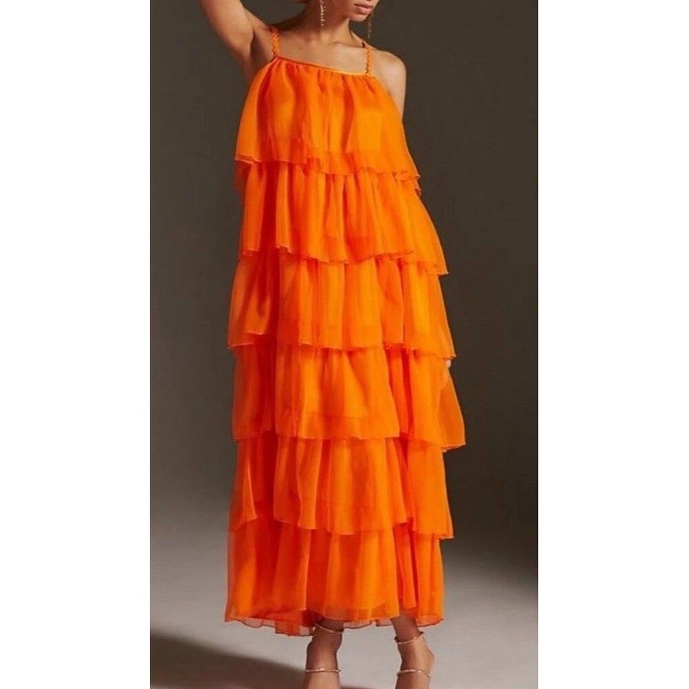 Anthropologie Payal Jain Tiered Tulle Maxi Dress Orange Sz 14 Orange (V1